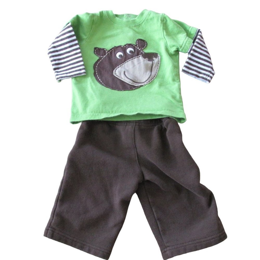 Carters 2 Pc Shirt Pants Outfit Boys 6M Brown Green Striped Long Sleeve Bear‎